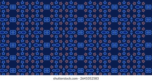 Playful seamless pattern with soft blue and pink cookie cutter outlines over a deep blue background. Great for textiles, branding.