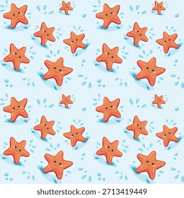Juguetón sin patrón con estrellas de mar y gotas de agua. Diseño de la superficie del Vector para las impresiones de los niños, producto del verano, proyectos de la playa, textiles, papel de embalaje