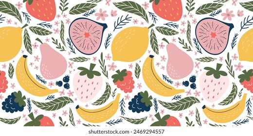 Playful seamless pattern with strawberries, raspberries, blackberries, banana, pear, halved fig, blueberries, pink flowers, and green leaves. Organic vector style with flat colors, perfect for