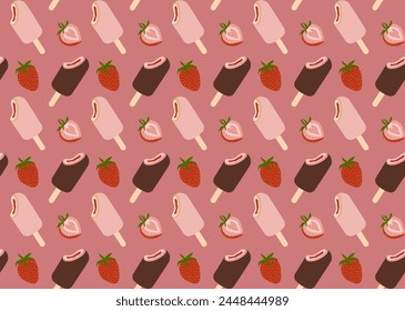 Playful seamless pattern of strawberry ice cream pops and whole strawberries on a warm pink background, perfect for summer-themed designs and textiles