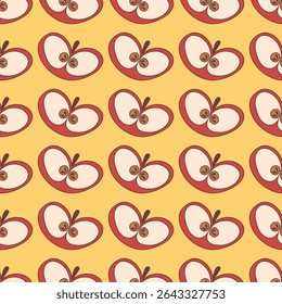 Playful seamless pattern with stylized red apple halves with seeds, arranged on a cheerful yellow background