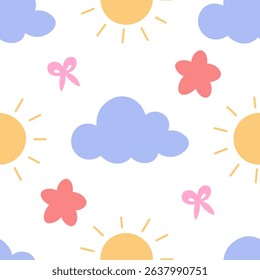 Playful seamless pattern with suns, clouds, flowers, and bows in pastel colors, perfect for nursery or baby products.