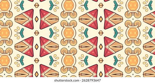 Playful seamless pattern with triangular parasols, sunny drink coasters and summer icons in warm cream, red and turquoise.