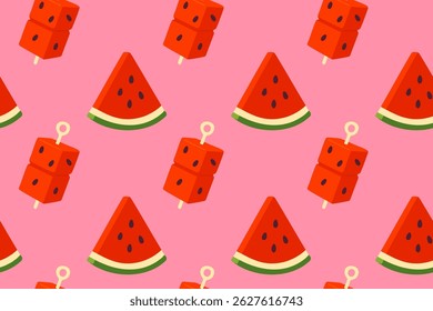 Playful seamless pattern of triangular watermelon slices and cube-shaped popsicles on a pink background