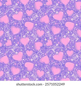 Playful seamless pattern in vector, with dancing cheerful skeleton figures and pink hearts on purple background. Whimsical design combines spooky and romantic elements with stars and sparkles.