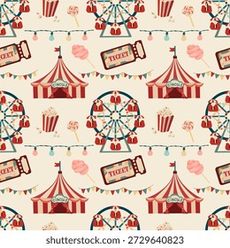 Un patrón sin fisuras juguetón con iconos de carnaval vintage. Cuenta con una carpa de circo, noria, boletos, palomitas de maíz, algodón de azúcar y piruletas en un estilo retro plano. Perfecto para crear eventos festivos