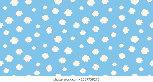 Playful seamless pattern with white cloud shapes scattered on a bright blue background. Plain minimalist print for children's designs, bold wallpapers, stationery, and cheerful creative projects.