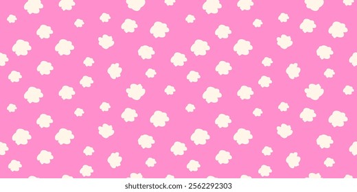 Playful seamless pattern with white cloud shapes scattered on a bright pink background. Plain minimalist print for children's designs, bold wallpapers, stationery, and cheerful creative projects.