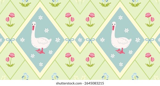 Brincalhão padrão sem emenda com um ganso branco, flores e fitas. Design pastel macio para temas de berçário, produtos infantis e decoração de primavera.