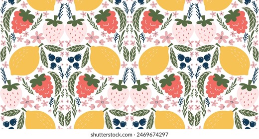 Playful seamless pattern with white strawberries, raspberries, lemons, blueberries, pink flowers, and green leaves in an organic vector style with flat colors. Diamond-shaped arrangement, perfect for