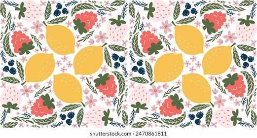Playful seamless pattern with white strawberry, raspberry, lemon, blueberry, pink flower, and green leaf illustrations in a modern, organic vector style. Diamond-shaped arrangement.