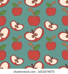 Playful seamless pattern with whole red apples and apple halves with seeds. Perfect for fruit-themed designs, packaging, textiles, kitchen decor, back-to-school projects, and children's illustrations