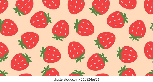 Playful seamless pattern with whole red strawberries and green leaves on a peachy background. Perfect for summer-themed textile prints, packaging, stationery, and digital designs