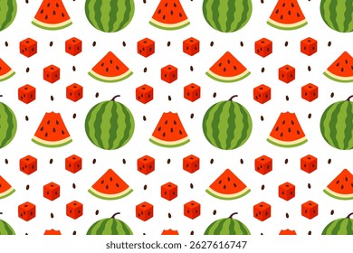 Playful seamless pattern with whole round watermelons and red cube-shaped watermelon