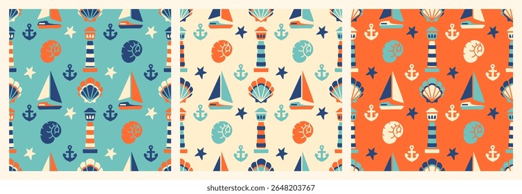 Playful seamless patterns with anchors, boats, and seashells in limited color palette. Summer textile design background, children's apparel design or seaside-themed projects