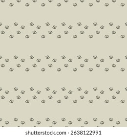 Playful seamless paw print pattern in soft tones, ideal for children’s designs, pet-themed textiles, wrapping paper, or digital backgrounds. Clean and modern vector design.