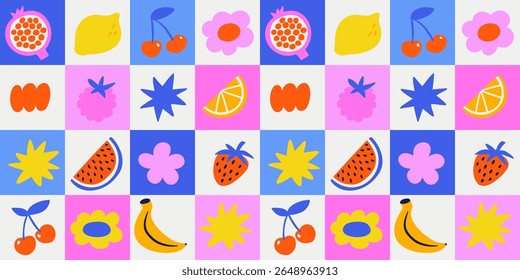 
A playful seamless summer pattern with hand-drawn fruit and tropical elements. For summer packaging, textile design, wrapping paper, digital backgrounds, or kids' products. 