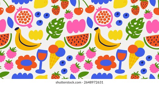 A playful seamless summer pattern with hand-drawn fruit and tropical elements. For summer packaging, textile design, wrapping paper, digital backgrounds, or kids' products. 