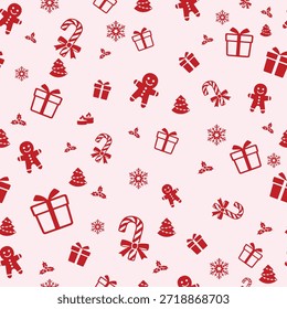  Playful seamless vector design on white featuring red holiday icons like gifts, candy canes, and gingerbread men for a sweet Christmas theme. Perfect for baking packaging, kids' apparel, invitations, and joyful decor.
