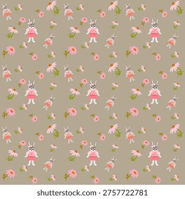 Playful seamless vector pattern with adorable little bunny girls in frilly pink dresses and bows, dancing among pink daisies on a soft beige background.
