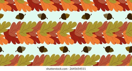 Padrão vetor sem emenda lúdico de folhas de carvalho de outono e bolotas em um fundo azul claro. Perfeito para a decoração de Ação de Graças infantil, suprimentos para festas e impressões festivas.