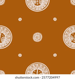 Playful seamless vector pattern featuring kawaii white suns with smiling faces on a warm cinnamon colored background