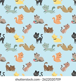 A playful seamless vector pattern featuring various cute cats in different poses. Perfect for fabric prints, wallpapers, wrapping paper, and digital backgrounds. 