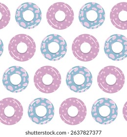 Playful seamless vector pattern featuring colorful inflatable beach circles. Flat style, pastel colors. Perfect for summer-themed designs, children's products, and fun projects.