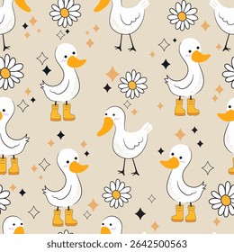 A playful seamless vector pattern featuring adorable white ducks, some wearing yellow rain boots, surrounded by hand-drawn daisies and star shapes on a beige background with soft pastel tones .