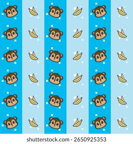A playful, seamless vector pattern featuring cheerful cartoon monkeys intertwined with ripe banana Perfect for background, stickers,home decor, decorations,etc