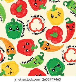 Padrão vetor sem emenda brincalhão com sino estilo kawaii e pimentas chili com rostos felizes e texto divertido em um fundo de creme macio Perfeito para crianças impressão de cozinha têxteis papel de embrulho