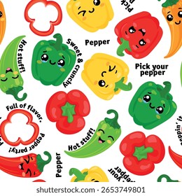 Padrão vetor sem emenda brincalhão com sino sorridente e pimentas chili em um fundo branco Inclui legumes de desenho animado adorável em verde vermelho amarelo e laranja Ideal para crianças cozinha