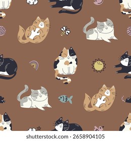 A playful seamless vector pattern featuring various cute cats in different poses. Perfect for fabric prints, wallpapers, wrapping paper, and digital backgrounds. 