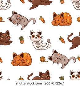A playful seamless vector pattern featuring various cute cats in different poses. Perfect for fabric prints, wallpapers, wrapping paper, and digital backgrounds. 