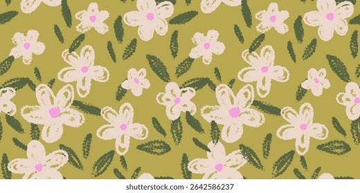 Playful seamless vector pattern with hand drawn flowers and leaves on a pastel mint green background. Template for kids textiles, wrapping paper, summer and spring decor