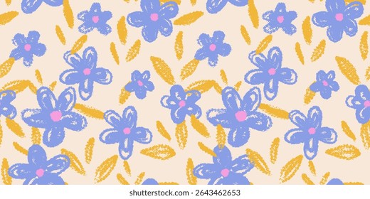 Playful seamless vector pattern with hand drawn blue flowers and yellow leaves on a light background. Cheerful design for kids textiles, wrapping paper, summer or spring decor