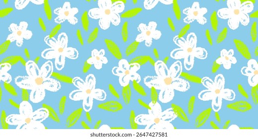 Playful seamless vector pattern with hand drawn white flowers and green leaves on a sky blue background. Cheerful and fresh design for kids textiles, wrapping paper, summer or spring decor