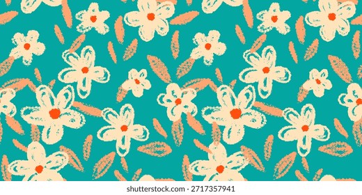 Modelo inconsútil juguetón del Vector con las flores y las hojas dibujadas a mano en un fondo turquesa, verde azulado. Diseño alegre para los textiles de los niños, papel de embalaje, verano o decoración de la primavera