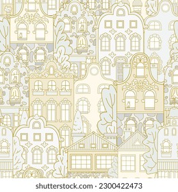Playful seamless vector pattern with multi-colored houses