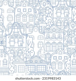 Playful seamless vector pattern with multi-colored houses