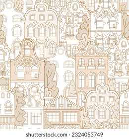 Playful seamless vector pattern with multi-colored houses