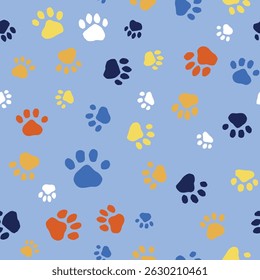 Playful seamless vector pattern with multicolored pet paw prints on light blue background for kids or pets