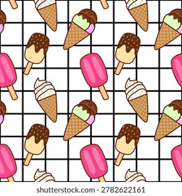 Playful seamless vector pattern showcasing assorted ice cream treats arranged across a clean white background enhanced with thin black grid lines for a trendy modern aesthetic. Repeating dessert composition includes classic waffle cones topped with creamy scoops, swirled soft serve creations, pastel pink popsicles, and crunchy chocolate-coated bars illustrated in a charming contemporary style. Stylish frozen snack artwork blends retro diner inspiration with minimalist geometric structure, creating a visually balanced tiled layout suitable for textile printing, wallpaper, packaging, stationery, café branding, scrapbook materials, wrapping paper, social media templates, and surface pattern collections. Smooth repeating arrangement delivers flawless continuous tiling without visible edges, making the design perfect for large-format applications, digital products, and commercial merchandise. Cute confectionery illustrations feature crisp outlines, subtle shading, delicious textures, decorative sprinkles, glossy chocolate drizzle, creamy whipped curves, and playful candy-shop energy. Black lattice detailing contrasts beautifully against the bright white backdrop, adding a fashionable monochrome framework that enhances the colorful dessert elements. Pink frozen bars introduce a soft feminine accent while cocoa-dipped pops provide gourmet character and artisanal sweetness. Soft serve spirals contribute dynamic movement and nostalgic summer charm, while cone desserts deliver a timeless café-inspired atmosphere ideal for youthful lifestyle branding and cheerful seasonal campaigns. Modern seamless repeat artwork works beautifully for fabric design, apparel prints, tote bags, notebooks, phone accessories, sticker packs, menus, bakery décor, food packaging, invitations, gift wrap, kitchen decorations, and printable craft projects. Vector-based illustration ensures scalability for high-resolution production, editable customization