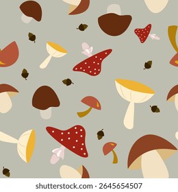 Playful seamless vector pattern of whimsical autumn mushrooms and acorns on a light grey background. Perfect for children's fabrics, kitchen linens, and nature-themed designs.