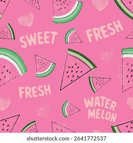 Playful seamless watermelon pattern with pink background, sketchy slices, hearts, and hand-lettered words like "fresh" and "sweet". Perfect for summer textiles and kids fashion.