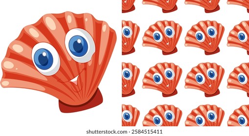 Playful seashells with expressive eyes in seamless design