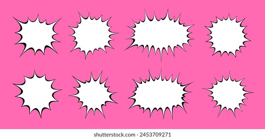 A playful series of white speech bubbles with black spiky borders, popping against a bold pink background, echoing the classic comic strip style.