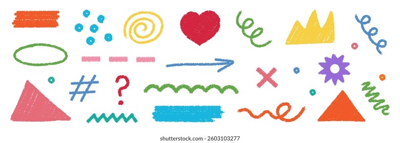 A playful set of abstract doodle objects, including hand-drawn shapes like a heart, crown, and flower, with crayon, pencil and charcoal textures, creating a grunge, geometric, and organic naive effect