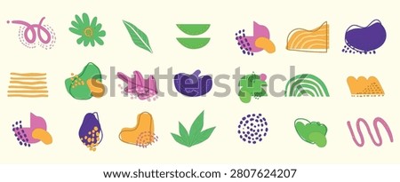 A playful set of abstract hand drawn organic blobs botanical leaves and textured geometric shapes on a light beige background.
