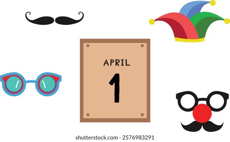 Playful set of April Fools Day symbols, including glasses, a mustache, a jester hat, and an April 1 calendar graphic.